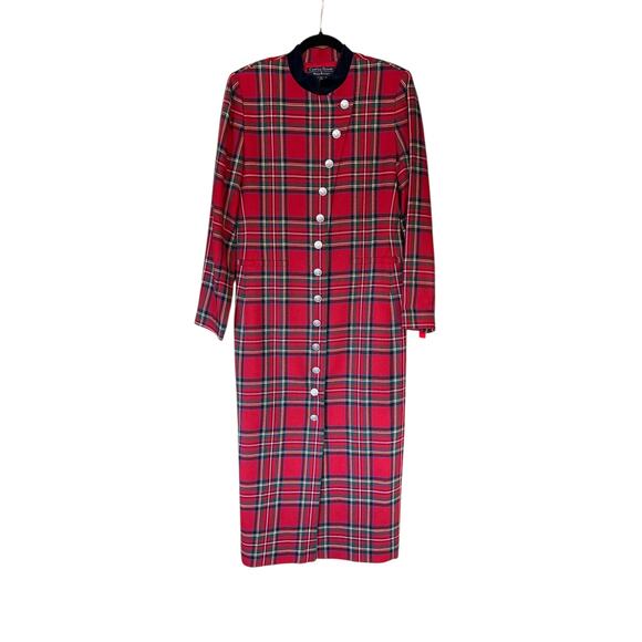 Vintage Red Heritage Tartan Plaid Maxi Dress Size 10 Velvet Collar Button Front - Picture 11 of 11